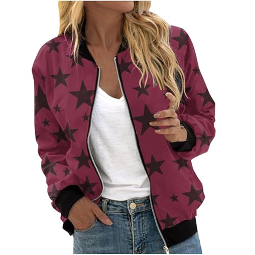 Bomberjacke Für Damen Mit Sternen-Print, Langärmelig Reißverschluss Leichte Freizeitjacke Mit Taschen Sportlicher Stil Stehkragen Lockere Passform Warme Windjacke von Generic