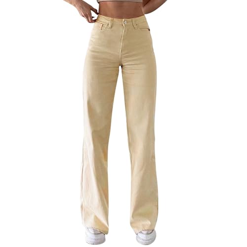 Bootcut Jeans Damen High Waist Straight Leg Schlaghosen Damen Jeans Weites Bein Und Gerader Beinlänge Hosen Große Größen Demin Hosen Teenager Mädchen Baggy Jeanshosen (Beige, S) von Generic