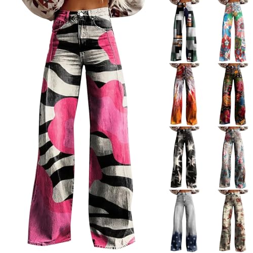 Bootcut Jeans Damen High Waist mit Print Y2K Weites Bein Stretch Casual Locker Denim Hosen Vintage 90er E-Girl Jeanshosen Bootcut Damenjeans Streetwear für Teenager Mädchen Schlaghose von Generic