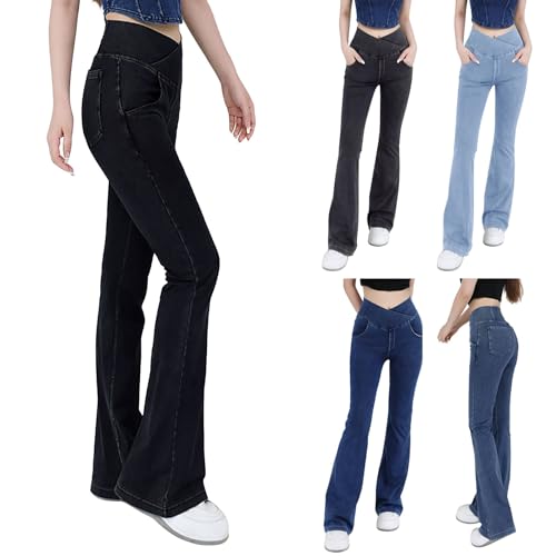 Bootcut Jeans Damen Stretch High Waist - Jeanshose Damen Stretch Bauchweg Yogahose V-Cross Taille Schlaghose Slim Fit Hüfthosen Push Up Denimhose Ausgefallene Schlupfjeans Freizeithose von Generic