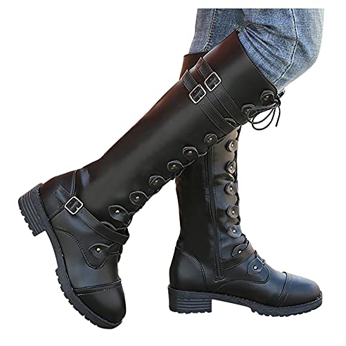 Boots Damen, Overknees Stiefel Damen mit Absatz Flach Freizeitschuhe Vintage Cowboystiefel Elegant Schnürstiefel Kniehoch Langschaft Hohe Stiefel Lang Stiefeletten Damenstiefel von Generic