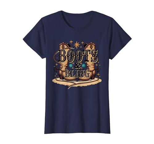 Boots & Bling Cowgirl Western Country Boots für Damen T-Shirt, Damen, Marineblau, XS von Generic