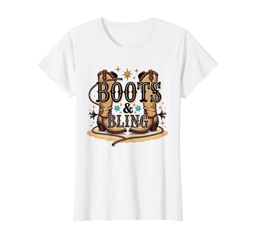 Boots & Bling Cowgirl Western Country Boots für Damen T-Shirt, Damen, Weiß, XS von Generic