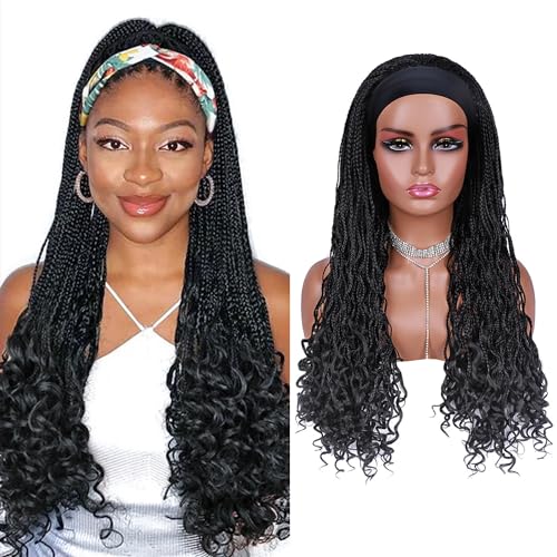 Box Braided Wigs for Black Women 24 Inch Curly Ended Synthetic Braid Headband Wig None Lace Front Full Wigs Black von Generic