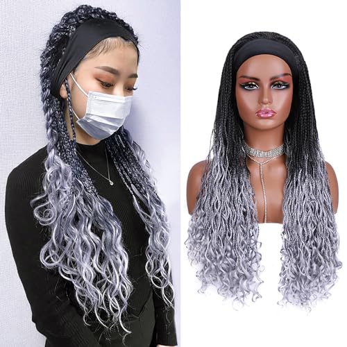 Box Braided Wigs for Black Women 24 Inch Curly Ended Synthetic Braid Headband Wig None Lace Front Full Wigs Ombre Gray von Generic