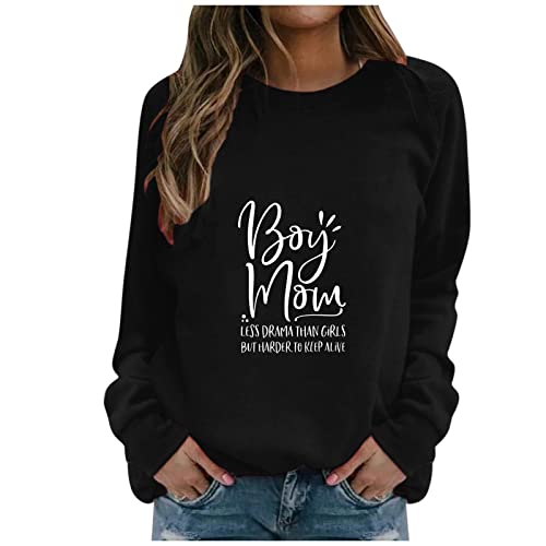 Boy Mom Oversized Sweatshirts Sport Rundhals Pullover Solid Letter Langarm Casual Sportlich Loose Fit Keine Kapuze Damen Sweatshirts Kawaii Einfarbig Sweatshirts Teen Sweatshirts, Schwarz , 46 von Generic