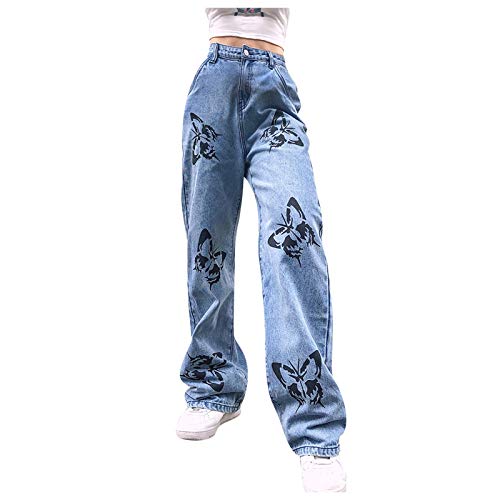 Boyfriend Jeans Damen Baggy Jeans Schmetterling Gedruckt Baggy Boyfriend Jeans mit Taschen Gerades Weites Bein Lockere Streetwear Modisch Bequeme Leichte Y2k Vintage Barrel Jeans von Generic