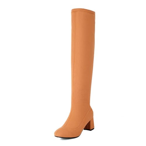 Braun,35 EU,Lange Damenstiefel, gestrickt, zum Hineinschlüpfen, Kniehohe Stiefel, runde Zehenpartie, klobiger Blockabsatz, hohe Stiefel, Herbst/Winter, legere Abendschuhe von Generic