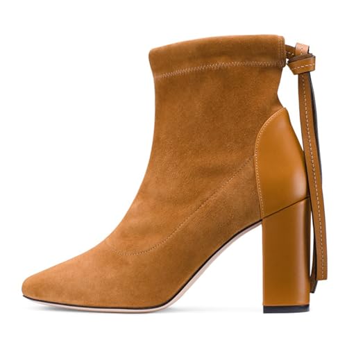 Braun,37 EU,Damen-Stiefeletten mit Schnürung, runde Zehenpartie, hoher, klobiger Absatz, modische Stiefeletten mit Absatz, Wildleder, für Hochzeit, Dating, Arbeit, Herbst von Generic