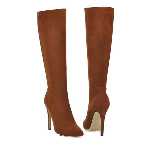 Braun,41 EU,Kniehohe Stiefel für Damen, Spitze Zehenpartie, Stilettoabsatz, hohe Stiefel, seitlicher Reißverschluss, modische Wildlederstiefel für den Herbst von Generic