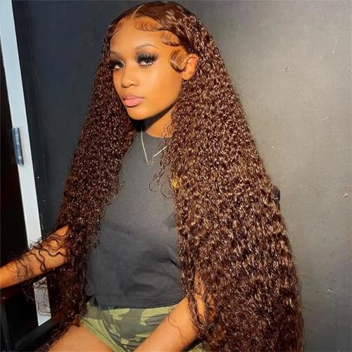 Braune Lockige Spitze Front Echthaar Perücken 13 X 6 Spitze Frontal Perücke Brasilianische Tiefe Wellen Perücken Für Frauen 13x6 Frontal Wig 32inches#180 von Generic