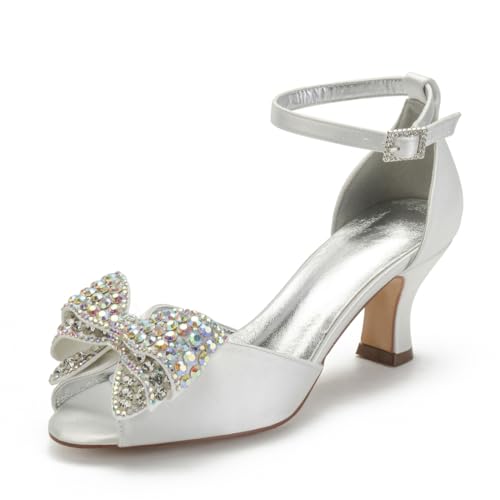 Braut Satin Hochzeitsschuhe Peeptoe Mary Jane Brautschuhe Low Heel Hochzeit Abschlussball Party Schuhe 6.5Cm Mit Schleife,Elfenbein,43 EU von Generic