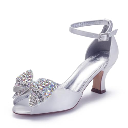 Braut Satin Hochzeitsschuhe Peeptoe Mary Jane Brautschuhe Low Heel Hochzeit Abschlussball Party Schuhe 6.5Cm Mit Schleife,Weiß,40 EU von Generic