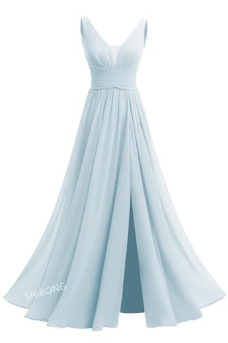 Brautjungfernkleider mit V-Ausschnitt für Damen Lange Chiffon-A-Linie Plissee-Ballkleider Formelle Partykleider mit Schlitz Light Blue XXS Brautjungfernkleider mit V-Ausschnitt für Damen Lange Chiffon-A-Linie Plissee-Ballkleider Formelle Partykleider mit Schlitz Light Blue XXS von Generic