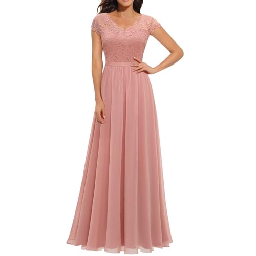 Brautkleider Damen Kurzem Ärmel, Cocktailkleid Damen Lang|Abendkleid Elegant für Hochzeit Spitzenkleid V -Ausschnitt Tunika Kleid Midikleid Spitzen Maxikleid A Linien Kleid Frauen Bleistiftkleid von Generic