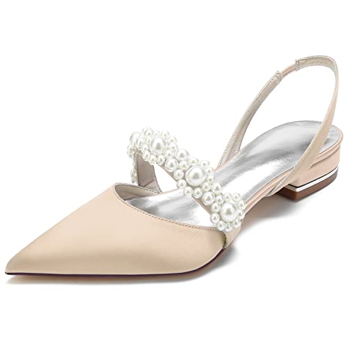 Brautschuhe Damen, Spitzer Schuh Satin Knöchelriemen Slingback Flach Hochzeitsschuhe 2.5Cm,Champagne,39 EU Brautschuhe Damen, Spitzer Schuh Satin Knöchelriemen Slingback Flach Hochzeitsschuhe 2.5Cm,Champagne,39 EU von Generic