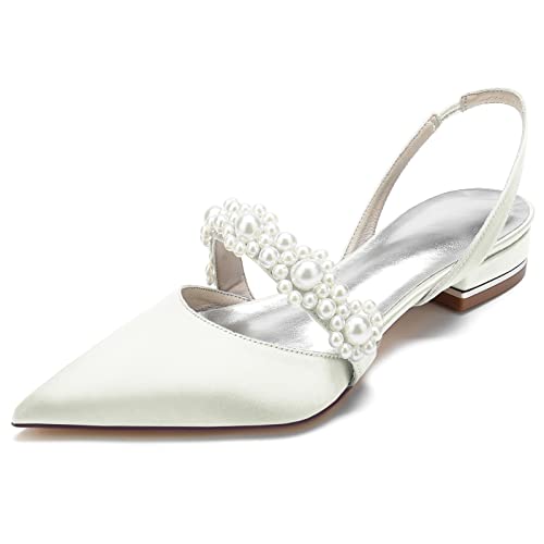 Brautschuhe Damen, Spitzer Schuh Satin Knöchelriemen Slingback Flach Hochzeitsschuhe 2.5Cm,Elfenbein,40 EU Brautschuhe Damen, Spitzer Schuh Satin Knöchelriemen Slingback Flach Hochzeitsschuhe 2.5Cm,Elfenbein,40 EU von Generic