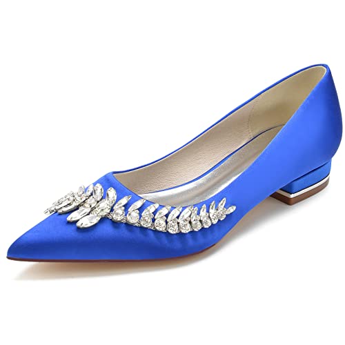 Brautschuhe Damen Hochzeitsschuhe Pointed Toe Bridal Flats Satin Slip-On Bequem Kleid Flach 2.5Cm,Royal Blue,38 EU von Generic