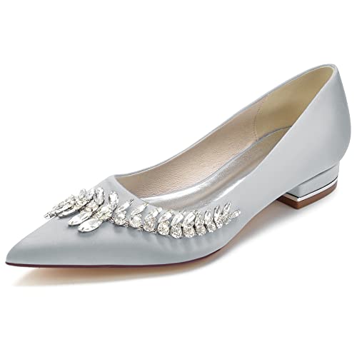 Brautschuhe Damen Hochzeitsschuhe Pointed Toe Bridal Flats Satin Slip-On Bequem Kleid Flach 2.5Cm,Silber,41 EU von Generic