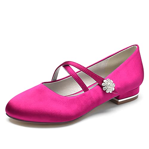 Brautschuhe Damen Runde Zehe Satin Flache Hochzeitsschuhe Bridal Slip-On Party Dress Flats 2.5Cm,Rose red,38 EU von Generic