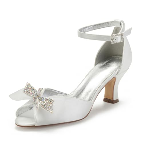 Brautschuhe Damen Satin Stiletto Pumps Peeptoes Bridal Mittlerer Absatz Sandalen Hochzeitsschuhe Prom Party Kleid Schuhe 6.5Cm,Elfenbein,35 EU von Generic