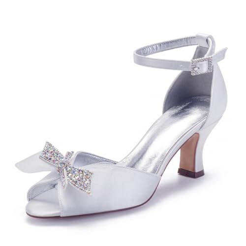 Brautschuhe Damen Satin Stiletto Pumps Peeptoes Bridal Mittlerer Absatz Sandalen Hochzeitsschuhe Prom Party Kleid Schuhe 6.5Cm,Weiß,43 EU von Generic