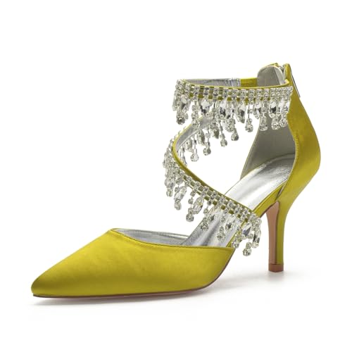 Brautschuhe Damenpumps 8Cm Absatz Spitz Zulaufender Zehenbereich Hochzeitsfeier Stiletto Schuhe Party Kleid Schuhe,Gelb,38 EU von Generic