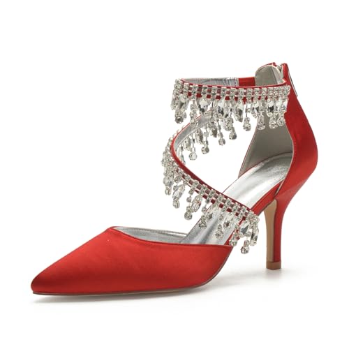 Brautschuhe Damenpumps 8Cm Absatz Spitz Zulaufender Zehenbereich Hochzeitsfeier Stiletto Schuhe Party Kleid Schuhe,Rot,40 EU von Generic