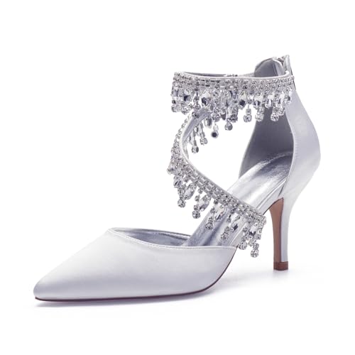 Brautschuhe Damenpumps 8Cm Absatz Spitz Zulaufender Zehenbereich Hochzeitsfeier Stiletto Schuhe Party Kleid Schuhe,Weiß,42 EU von Generic