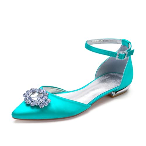 Brautschuhe Flache Satinschuhe Hochzeit Bridal Pointed Toe Flache Party Abendschuhe Hochzeitsschuhe 1.5Cm,Blue Green,38 EU von Generic