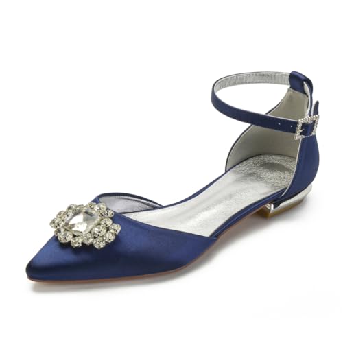Brautschuhe Flache Satinschuhe Hochzeit Bridal Pointed Toe Flache Party Abendschuhe Hochzeitsschuhe 1.5Cm,Dark Blue,40 EU von Generic