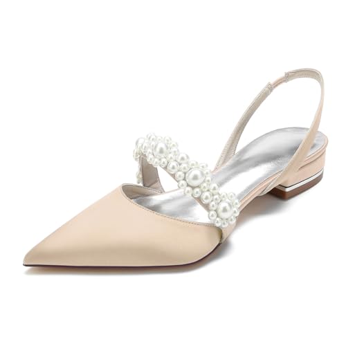 Brautschuhe Perlen Pumps Damen Satin Spangenpumps flach Heels bequem geschlossene Spitze Spitzenapplikation Hochzeit Braut(Apricot,39 EU) von Generic