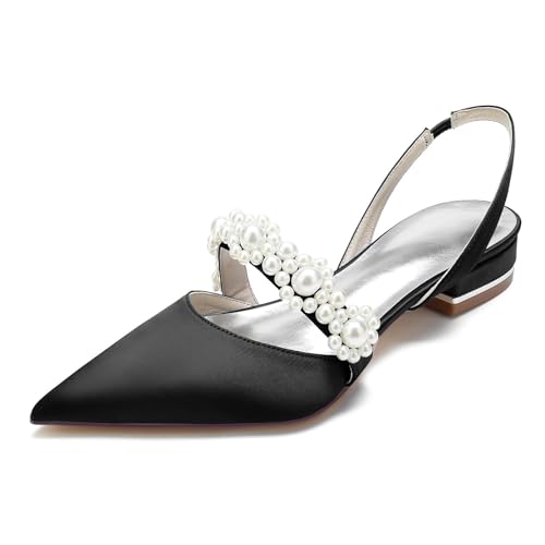 Brautschuhe Perlen Pumps Damen Satin Spangenpumps flach Heels bequem geschlossene Spitze Spitzenapplikation Hochzeit Braut(Black,37 EU) von Generic
