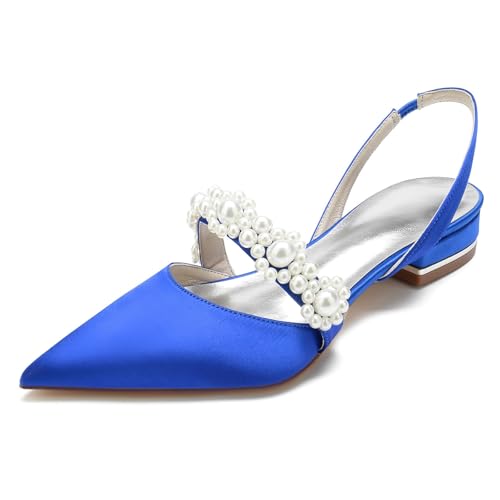 Brautschuhe Perlen Pumps Damen Satin Spangenpumps flach Heels bequem geschlossene Spitze Spitzenapplikation Hochzeit Braut(Blue 1,42 EU) von Generic