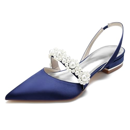 Brautschuhe Perlen Pumps Damen Satin Spangenpumps flach Heels bequem geschlossene Spitze Spitzenapplikation Hochzeit Braut(Blue 2,39 EU) von Generic