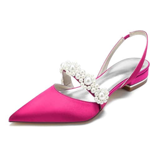 Brautschuhe Perlen Pumps Damen Satin Spangenpumps flach Heels bequem geschlossene Spitze Spitzenapplikation Hochzeit Braut(Pink,42 EU) von Generic