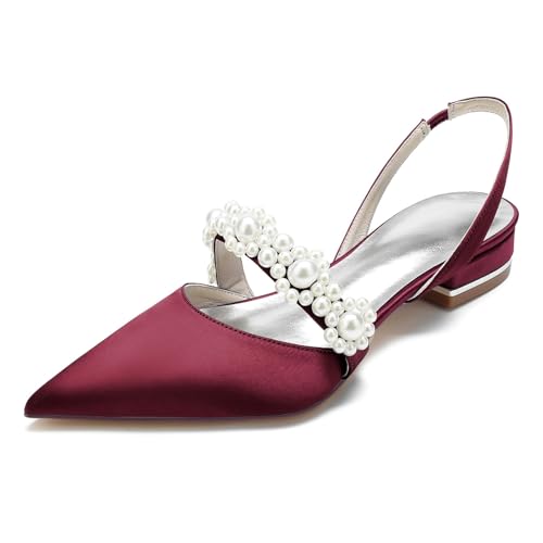 Brautschuhe Perlen Pumps Damen Satin Spangenpumps flach Heels bequem geschlossene Spitze Spitzenapplikation Hochzeit Braut(Red,38 EU) von Generic