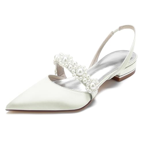 Brautschuhe Perlen Pumps Damen Satin Spangenpumps flach Heels bequem geschlossene Spitze Spitzenapplikation Hochzeit Braut(White 1,42 EU) von Generic