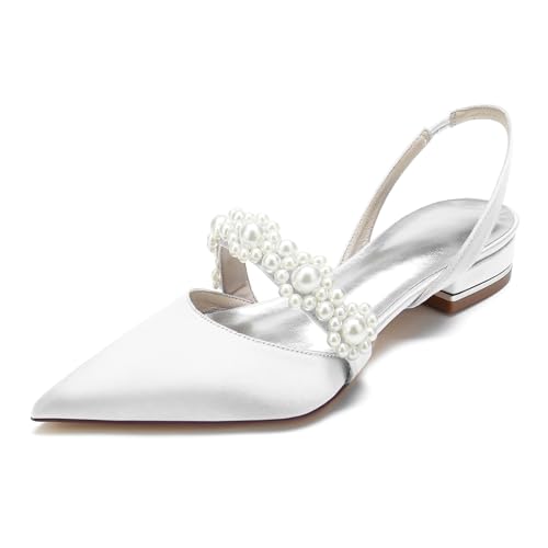Brautschuhe Perlen Pumps Damen Satin Spangenpumps flach Heels bequem geschlossene Spitze Spitzenapplikation Hochzeit Braut(White 2,42 EU) von Generic