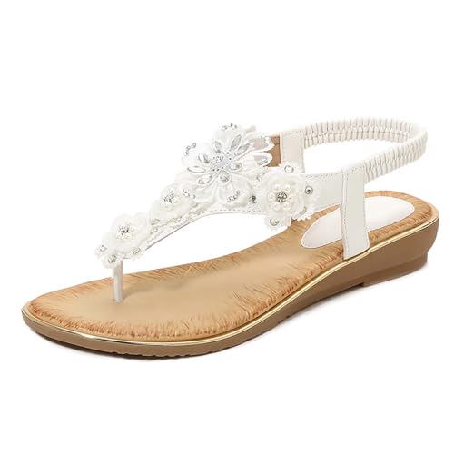 Breite Flip-Flops für den am Strand für Damen, mit T-Riemen, flache Sandalen, bequeme Wanderschuhe Krankenhaus Schuhe Damen (White, 44) von Generic