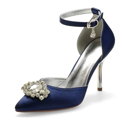 Bridal High Heels Hochzeitsschuhe Damen Satin Pointed Toe Stiletto Knöchelriemen Partei Abendschuhe 9Cm,Dark Blue,35 EU von Generic