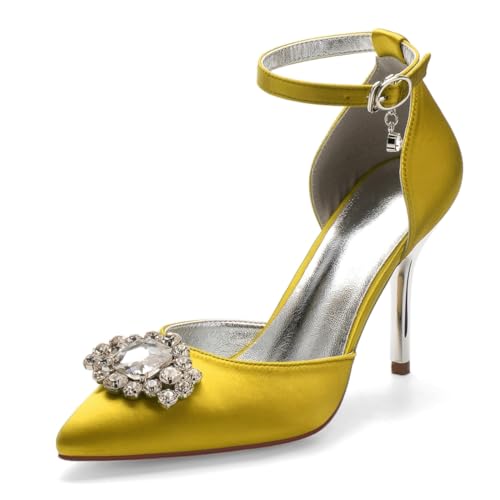 Bridal High Heels Hochzeitsschuhe Damen Satin Pointed Toe Stiletto Knöchelriemen Partei Abendschuhe 9Cm,Gelb,35 EU von Generic