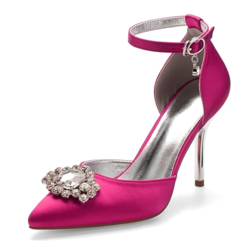 Bridal High Heels Hochzeitsschuhe Damen Satin Pointed Toe Stiletto Knöchelriemen Partei Abendschuhe 9Cm,Rose red,39 EU von Generic