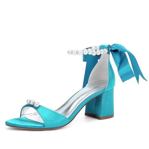 Bridal Hochzeit Schuhe Damen Hochzeit Absatz Elegant Bridal Chunky Heel Sandalen Für Party, Formell, Abendparty, Abschlussball,Blue Green,39 EU von Generic