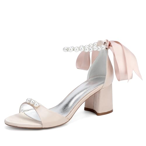 Bridal Hochzeit Schuhe Damen Hochzeit Absatz Elegant Bridal Chunky Heel Sandalen Für Party, Formell, Abendparty, Abschlussball,Champagne,42 EU von Generic