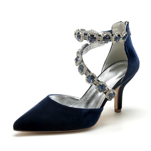 Bridal Hochzeitsschuhe Damen Abschlussball Stiletto Schuhe Pointed Toe Strass Braut Hochzeit Pumps 8Cm,Dark Blue,36 EU von Generic