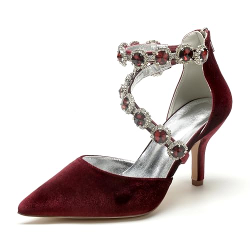 Bridal Hochzeitsschuhe Damen Abschlussball Stiletto Schuhe Pointed Toe Strass Braut Hochzeit Pumps 8Cm,Wine red,41 EU von Generic