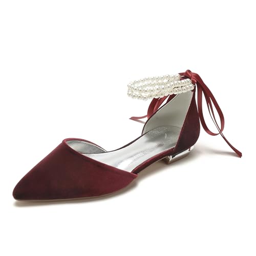 Bridal Hochzeitsschuhe Damen Ballerinas Flache Schuhe Pointed Toe Prom Party Dress Flach 1.5Cm,Wine red,37 EU von Generic
