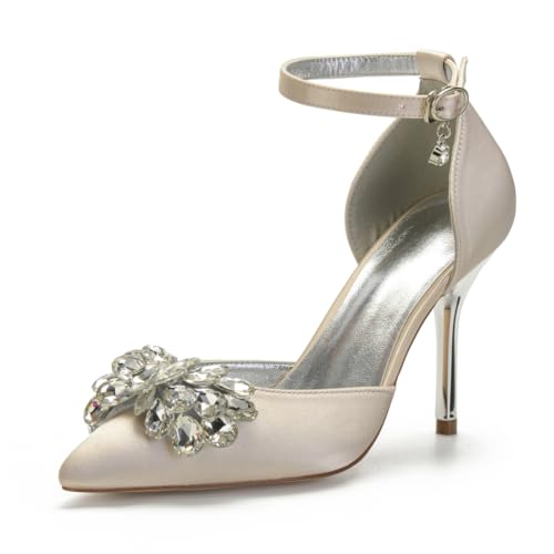 Bridal Hochzeitsschuhe Damen High Heels Satin Pointed Toe Stiletto Heels Hochzeit Party Kleid Schuhe 9Cm,Champagne,43 EU von Generic