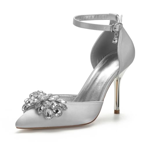 Bridal Hochzeitsschuhe Damen High Heels Satin Pointed Toe Stiletto Heels Hochzeit Party Kleid Schuhe 9Cm,Silber,39 EU von Generic